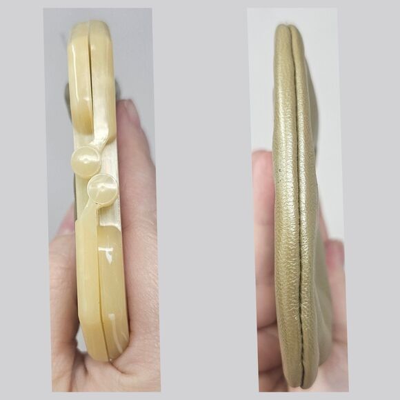 Vintage Green Italian Leather Cream Marbled Tortoise Shell Kiss Lock Coin Purse - Picture 7 of 8